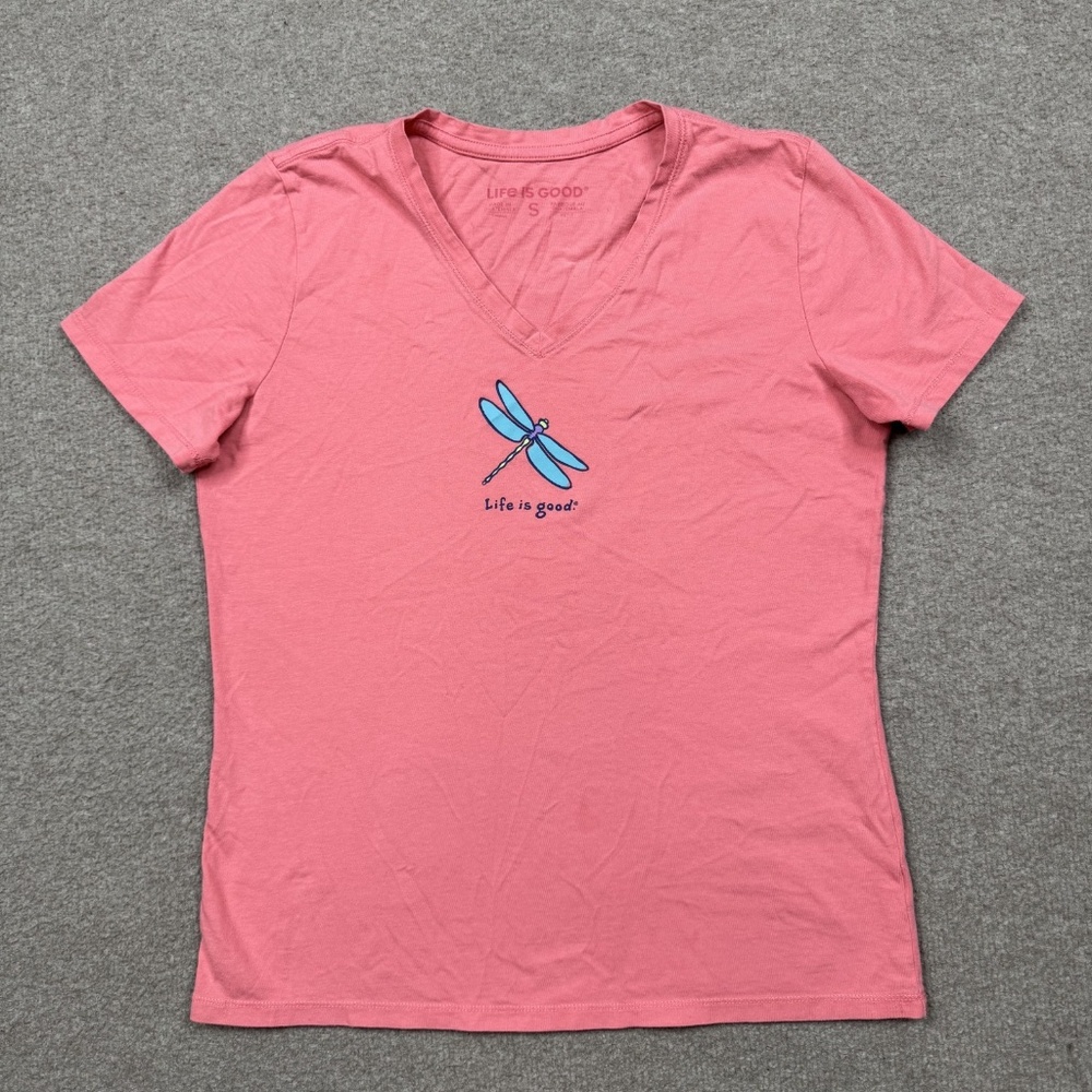 Life Is Good T Shirt Women's Size S Pink Short Sleeve Dragon Fly Graphic Tee